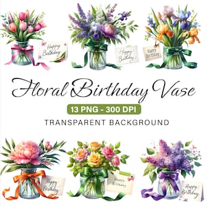 Vase d'anniversaire fleur Clipart, lot de 13 PNG, Floral d'anniversaire pour cartes de voeux, journaux et agenda, usage Commercial, joyeux anniversaire 300 dpi