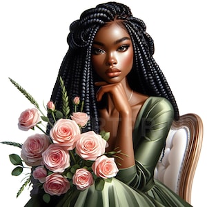 10 zwarte vrouw lentebloemen png, melanine meisje clipart, Afro-Amerikaanse bloemen illustratie, elegante dame digitaal voor crafts & journaling
