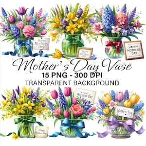 Clipart floral fête des mères PNG, bouquet de fleurs aquarelle, sublimation joyeuse fête des mères, composition florale printanière pour travaux manuels et journaux
