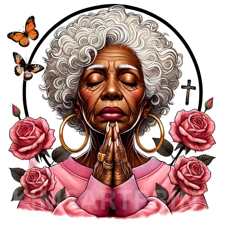May include: A digital painting of an older woman with gray hair, wearing a pink shirt and praying with her hands clasped together. She is surrounded by pink roses and butterflies. A cross is visible in the background.