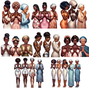 May include: Digital art featuring multiple illustrations of women in various dresses and outfits, with their hands clasped in prayer. The women are of different ages and ethnicities, and the color palette includes soft pastels and vibrant hues.