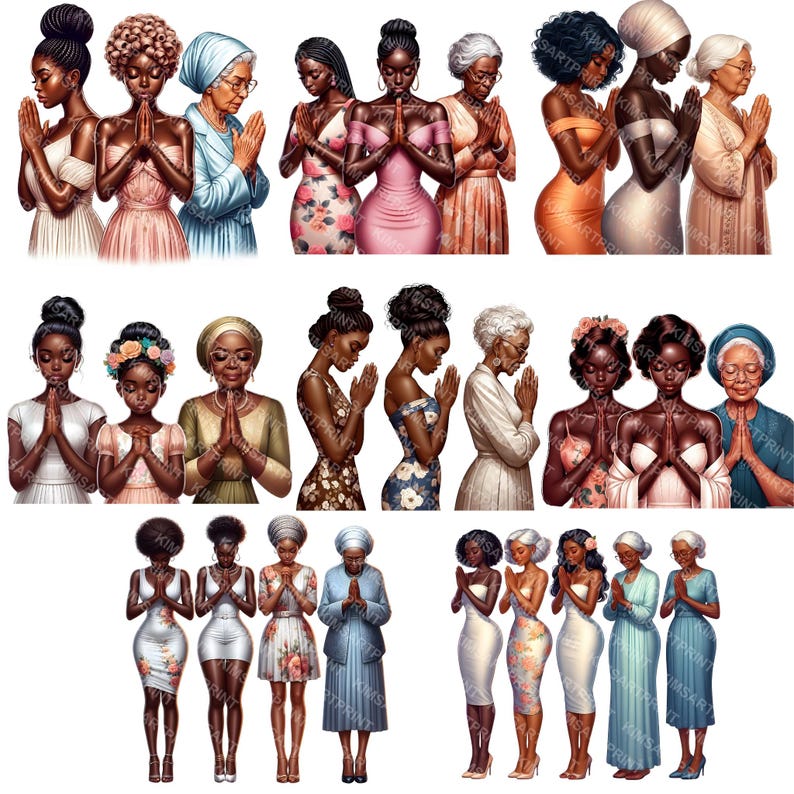 May include: Digital art featuring multiple illustrations of women in various dresses and outfits, with their hands clasped in prayer. The women are of different ages and ethnicities, and the color palette includes soft pastels and vibrant hues.