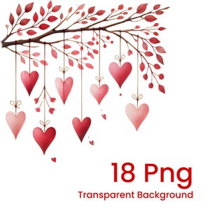 18 clipart de aquarela de dia dos namorados, borda de amor png, corações pendurados, pacote de clipart de dia dos namorados, ramo de coração, papel artesanal
