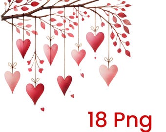 May include: A watercolour illustration of a branch with pink and red leaves and 10 pink and red hearts hanging from it. The text "18 Png Transparent Background" is at the bottom of the image.