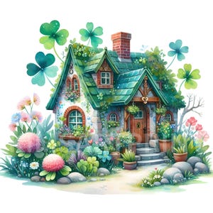 Clipart della casa di San Patrizio, set di 10 JPEG, cottage con trifoglio, bundle di case irlandesi JPG, cottage con trifoglio acquerello, bundle di clipart irlandesi