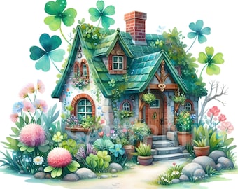St. Patrick&#39;s Day House Clipart, Set of 10 JPEG, Shamrock Cottage, Irish House Bundle JPG, Watercolor Clover Cottage, Irish Clipart Bundle