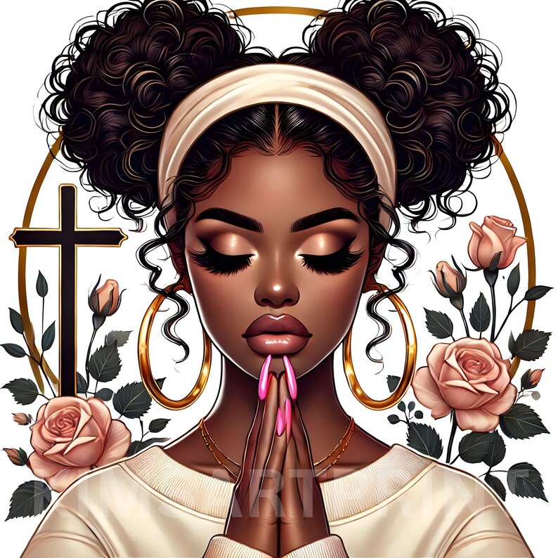 May include: A digital illustration of a Black woman with her eyes closed, praying with her hands clasped together. She has long, curly hair styled in two buns, a white headband, and large gold hoop earrings. The background features a black cross and pink roses.