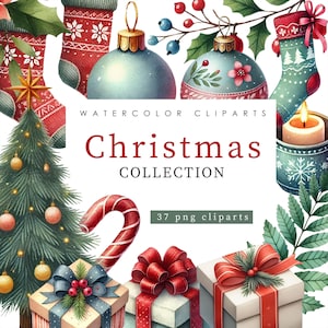 37 Watercolor Christmas Elements Clipart Bundle Sublimation Designs Digital Print Printable Art Instant Download Digital Download