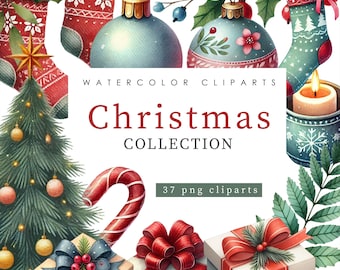 37 Watercolor Christmas Elements Clipart Bundle Sublimation Designs Digital Print Printable Art Instant Download Digital Download