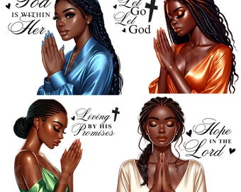 27 Praying Black Girl Clipart Bundle, Woman of faith, African American Religious Clipart Collection, Afro Christian Women Crafts and Journal