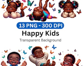 May include: A digital graphic featuring cartoon illustrations of happy children surrounded by colorful butterflies. The image includes the text "13 PNG - 300 DPI Happy Kids Transparent Background."