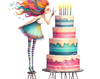 Quirky Birthday Girl Clipart, Set of 10 JPG, Commercial Use, Cute Birthday Girl, Instant Download, Whimsical Birthday, DIY Birthday Card