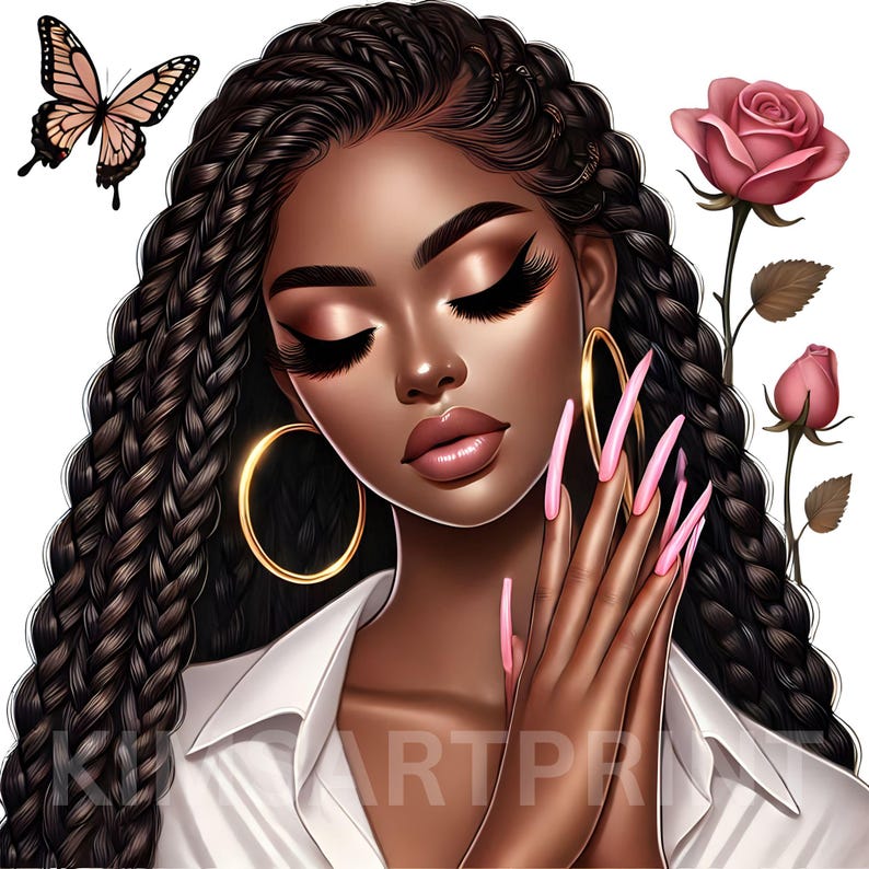 May include: A digital illustration of a Black woman with long braided hair, wearing large gold hoop earrings and a white shirt. She has pink nail polish on her long nails and her eyes are closed. A pink rose with green leaves is in the background.
