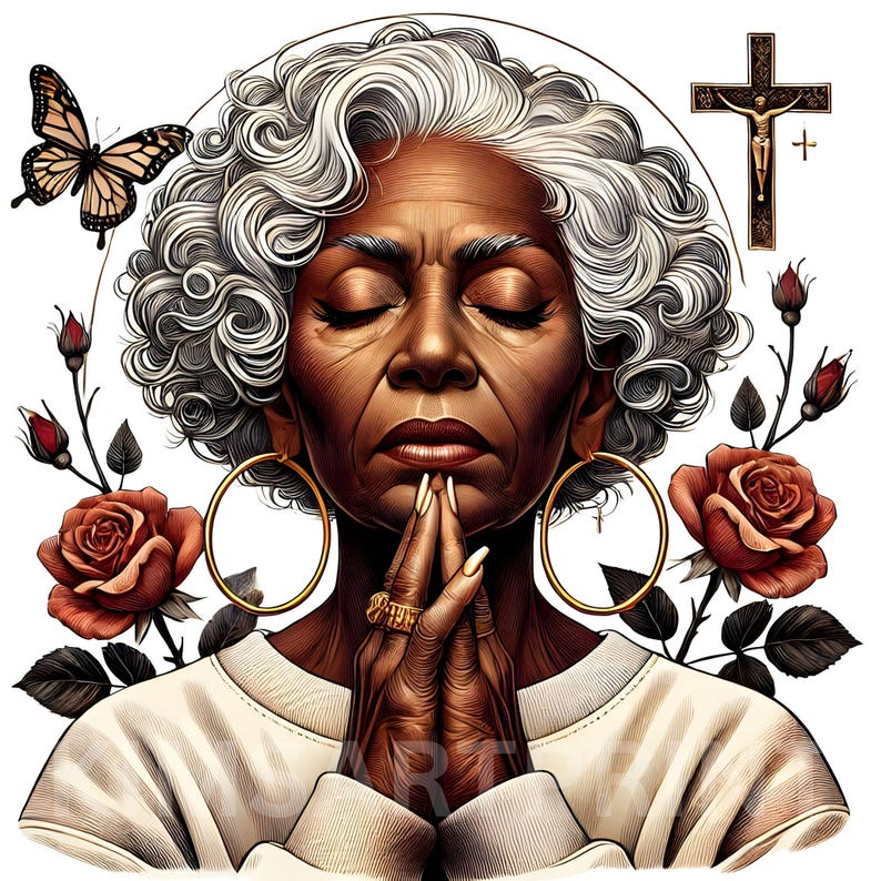 May include: A digital painting of an older woman with gray hair, wearing gold hoop earrings. She is praying with her hands clasped together and has a gold ring on her finger. The background features roses and a cross.