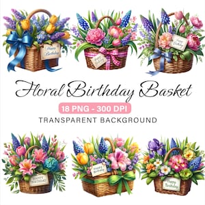 Verjaardag mand bloem clipart, set van 18 png, bloemen verjaardag voor wenskaarten, tijdschriften en planner, commercieel gebruik, gefeliciteerd