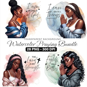 Black Girl Praying clipart bundel, African American PNG Collection, Melanine Girls, religieuze clipart, Woman of Faith voor planner, sublimatie