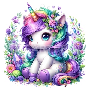 Watercolor Baby Unicorn PNG, Cute Rainbow Unicorn Clipart, Magical Fantasy Unicorn Bundle Collection for junk journal, planner & crafts,