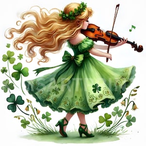 Clipart princesse trèfle porte-bonheur, lot de 10 images JPEG, princesse de la Saint-Patrick, princesse trèfle au violon, journal indésirable, usage commercial, 300 DPI