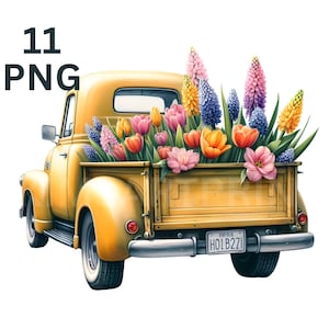 May include: A yellow vintage pickup truck with a wooden bed filled with a variety of colorful flowers, including tulips, hyacinths, and other spring blooms. The truck has a license plate that reads "HOLB271".
