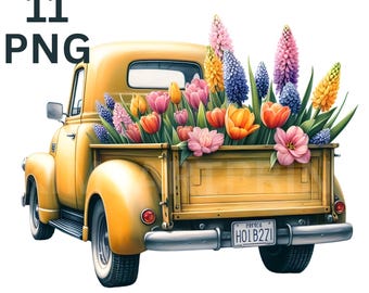 Clipart de camión con flores amarillas, camioneta vintage con flores de primavera PNG, diario basura de camión de granja con acuarela, camión campestre con acuarela de flores