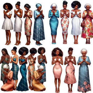 May include: A collection of digital illustrations of women in various dresses and poses, with their hands clasped in prayer. The women are of different ages and ethnicities, and the dresses vary in style and color, including floral and solid designs.