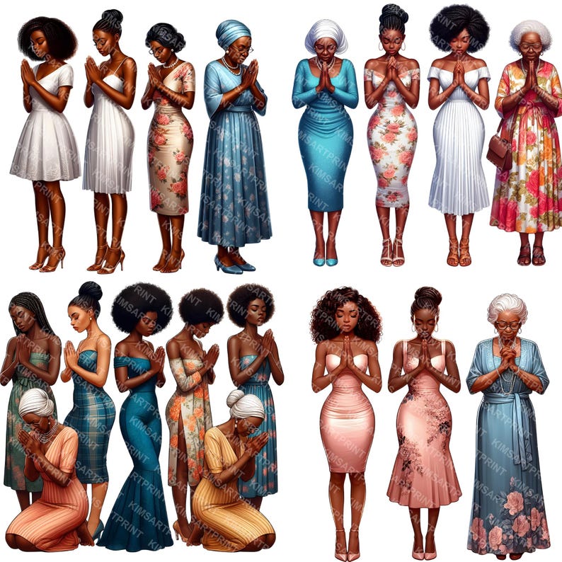 May include: A collection of digital illustrations of women in various dresses and poses, with their hands clasped in prayer. The women are of different ages and ethnicities, and the dresses vary in style and color, including floral and solid designs.