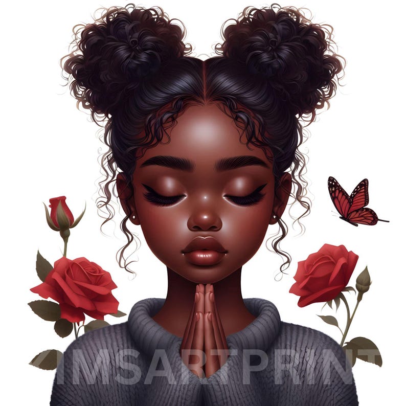 May include: A digital illustration of a young Black woman with curly hair in two buns, wearing a gray sweater and with her hands clasped in prayer. She has her eyes closed and a serene expression. Two red roses and a butterfly are on either side of her.