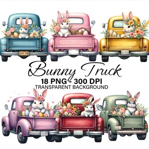 18 Osterhasen-LKW Clipart PNG, Aquarell Blumenkaninchen-LKW-Bundle, Ostertag PNG-Bundle für Planer und Kunsthandwerk, kommerzielle Nutzung PNG