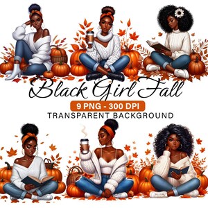 Clipart autunnale di ragazza nera in formato PNG, set di 9 PNG, moda autunnale accogliente con zucche, clipart autunnale afrocentrica per sublimazione, diari e artigianato