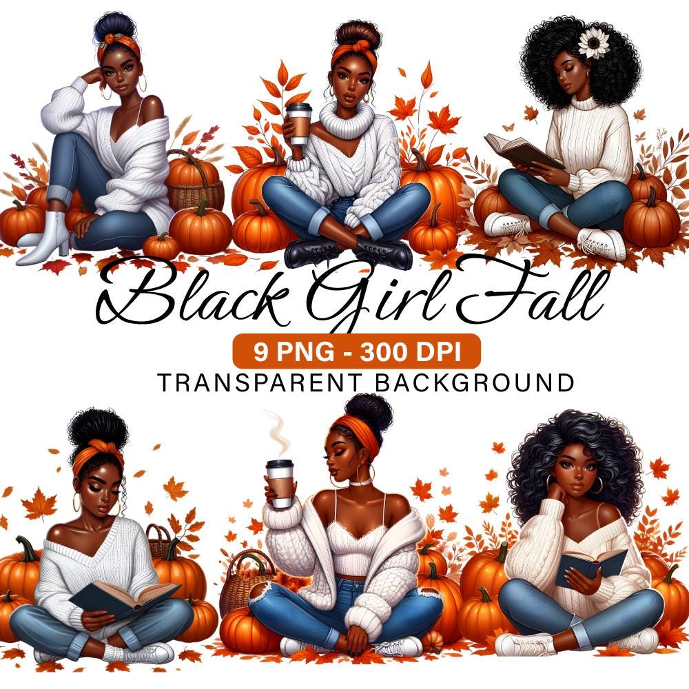 Black Girl Fall Clipart PNG, Set of 9 PNG, Cozy Autumn Fashion with Pumpkins, Afrocentric Autumn Clipart for Sublimation, Journals & Crafts