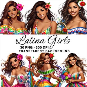 30 Latina Girls PNG, Chicana Woman in colorful dress, Happy Latina Girl, Hispanic Women, Latina Clipart Bundles for Sticker, Planner & more