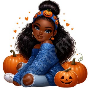 8 clipart PNG di ragazze nere in autunno, pacchetto di bambine, afroamericane, ragazza afro carina, sublimazione, planner, sfondo trasparente