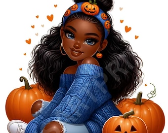 8 Chibi Black Girl Fall PNG Cliparts, Little Girls Bundle, African-American, Cute Afro Girl, Sublimation, Planner, Transparent Background