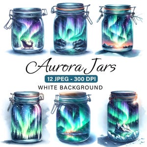 Watercolor Magical Aurora Borealis Mason Jar Clipart, Fairytale Scrapbooking, Junk Journal Set of 12 JPEG, Winter Clip art Bundle Planner
