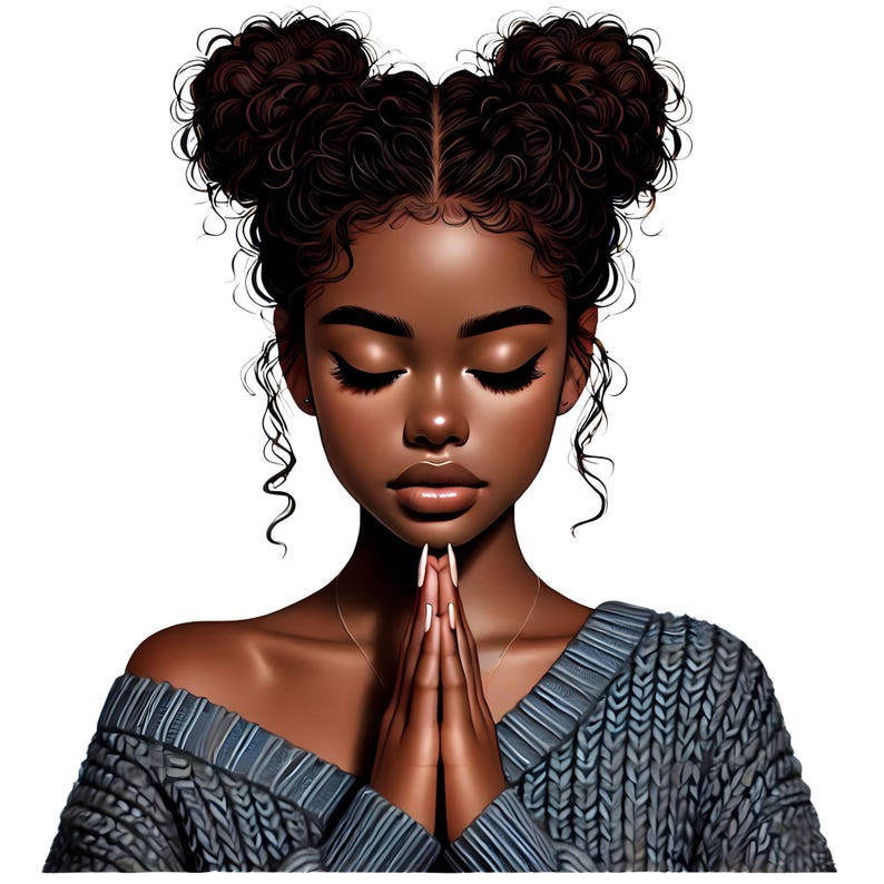May include: A woman with dark brown curly hair styled in two buns, wearing a blue knitted sweater, with her hands clasped in prayer.