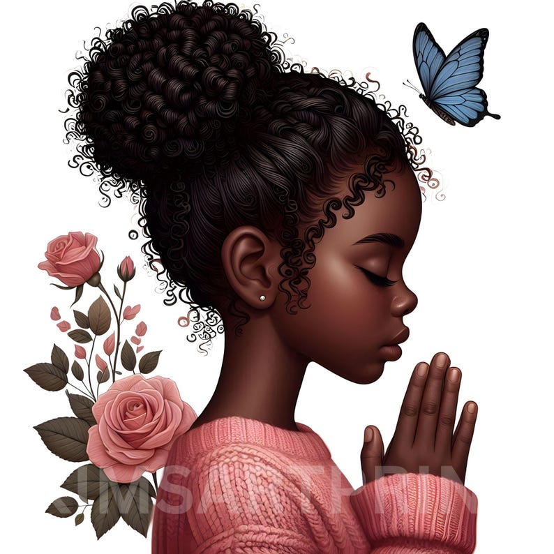 May include: A young girl with dark brown curly hair in a bun, wearing a pink sweater, is praying with her eyes closed. She is surrounded by pink roses and a blue butterfly.
