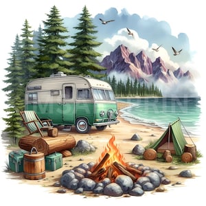 13 imágenes prediseñadas de caravana en acuarela, imágenes prediseñadas de caravana JPEG, aventura, camping, caravana, álbumes de recortes, sublimación, diario basura