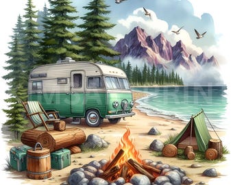 13 Watercolor Caravan Camper Trailer Clipart, JPEG Trailer Clipart, Adventure, Camping, Caravan, Scrapbooking, Sublimation, Junk Journal