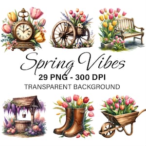 Bundle de cliparts printemps PNG, lot de 29, images printanières florales bonjour, collection printemps aquarelle pour agenda, travaux manuels, tulipes de journal indésirable