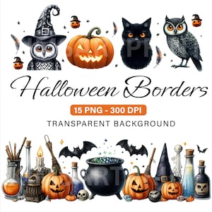 May include: A watercolour illustration of Halloween borders. The image includes pumpkins, bats, a black cat, an owl, and a witch's hat. The text "Halloween Borders" is displayed in elegant script, with additional text indicating 15 PNG files and 300 DPI.