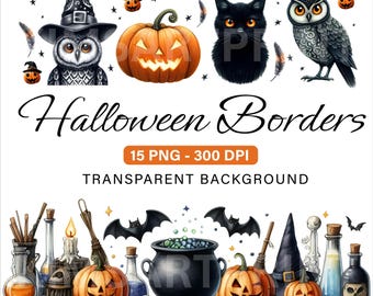 Halloween Border Clipart Bundle, 15 PNG, Watercolor Spooky Banners, Pumpkin & Witch Borders, Cats, Potions, Cute Graphics Party, Invitation