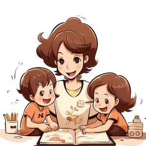 Maman enseignant à ses enfants Clipart Bundle, Chibi mignon maman et enfants étudiant ensemble PNG, Kawaii maman et enfants Illustration, famille Clipart, Commercial