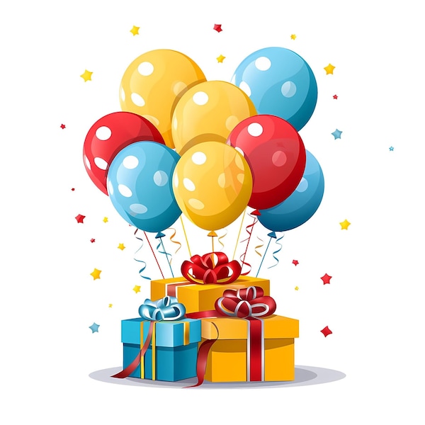 Confezione regalo di compleanno con palloncini PNG Clipart Bundle, set di inviti per confezione regalo di compleanno, regalo di compleanno con illustrazione di palloncini, commerciale