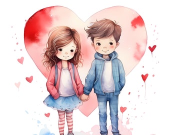 Cute Boy and Girl Holding Hands With a Heart Watercolor PNG Clipart, Romantic Watercolor Best Friends Set, Girl Planner Illustrations Bundle