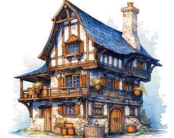 Watercolor Fantasy Tavern Clipart Bundle, Printable PNG Set (Digital Download)