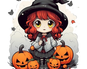 Halloween Kawaii Witch Watercolor PNG Clipart, Halloween Witch Illustrations Transparent Set, Halloween Sublimation Designs, Commercial Use