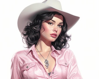 Design Pin Up Cowgirl vintage, Set di illustrazioni retrò Cowgirl, Ritratto Pin Up Cowgirl, Decorazione della parete Wildwest, Arte Western vintage, Commerciale