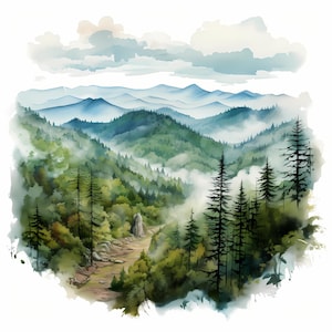 Paquete de arte de bocetos de acuarela del Parque Nacional de las Grandes Montañas Humeantes, arte de bocetos imprimible del Parque Nacional, papel digital, arte de la pared de la naturaleza