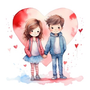 Ragazzo e ragazza carini che si tengono per mano con un cuore Clipart PNG dell'acquerello, set dei migliori amici dell'acquerello romantico, pacchetto di illustrazioni per ragazza pianificatrice