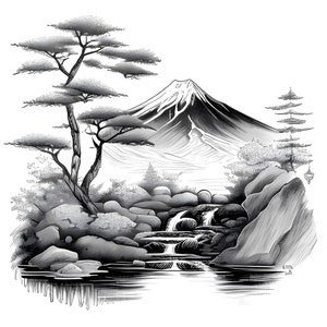 Croquis minimaliste serein Mont Fuji Clipart, serein Mont Fuji paysage croquis au crayon Art, Clipart paysage, fabrication de cartes, décoration murale